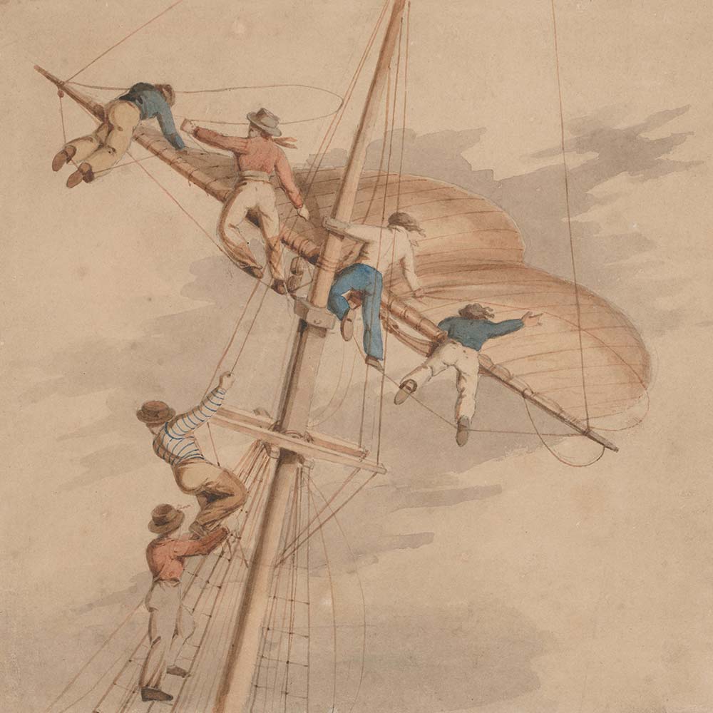 Watercolor of sailors furling a sail